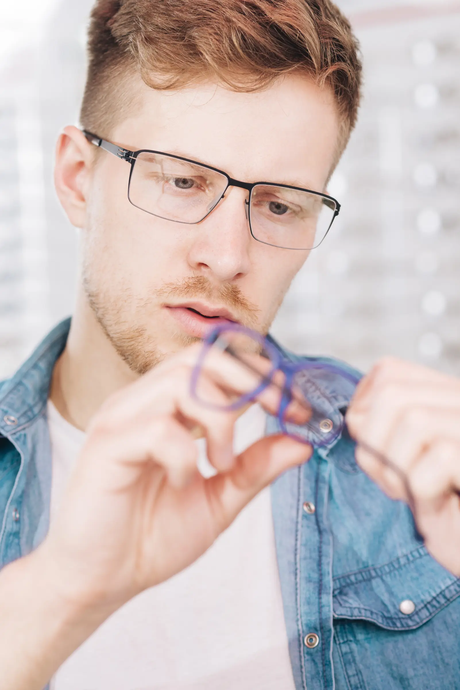Mann mit Brille betrachtet aufmerksam ein weiteres Brillengestell im Optikergeschäft – Symbolbild für die Auswahl oder Anpassung einer passenden Brille.