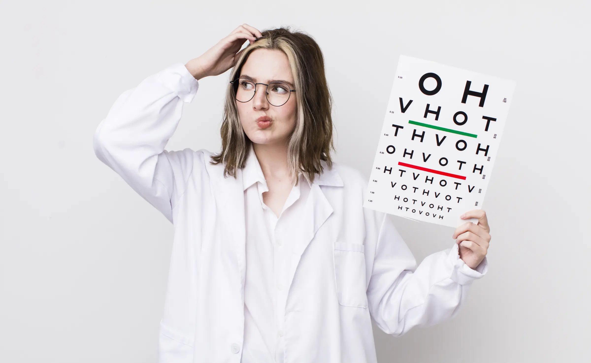 Junge Frau im weißen Kittel hält eine Sehtest-Tafel hoch und schaut fragend – Symbolbild für die Entscheidung zwischen Augenarzt und Optiker.
