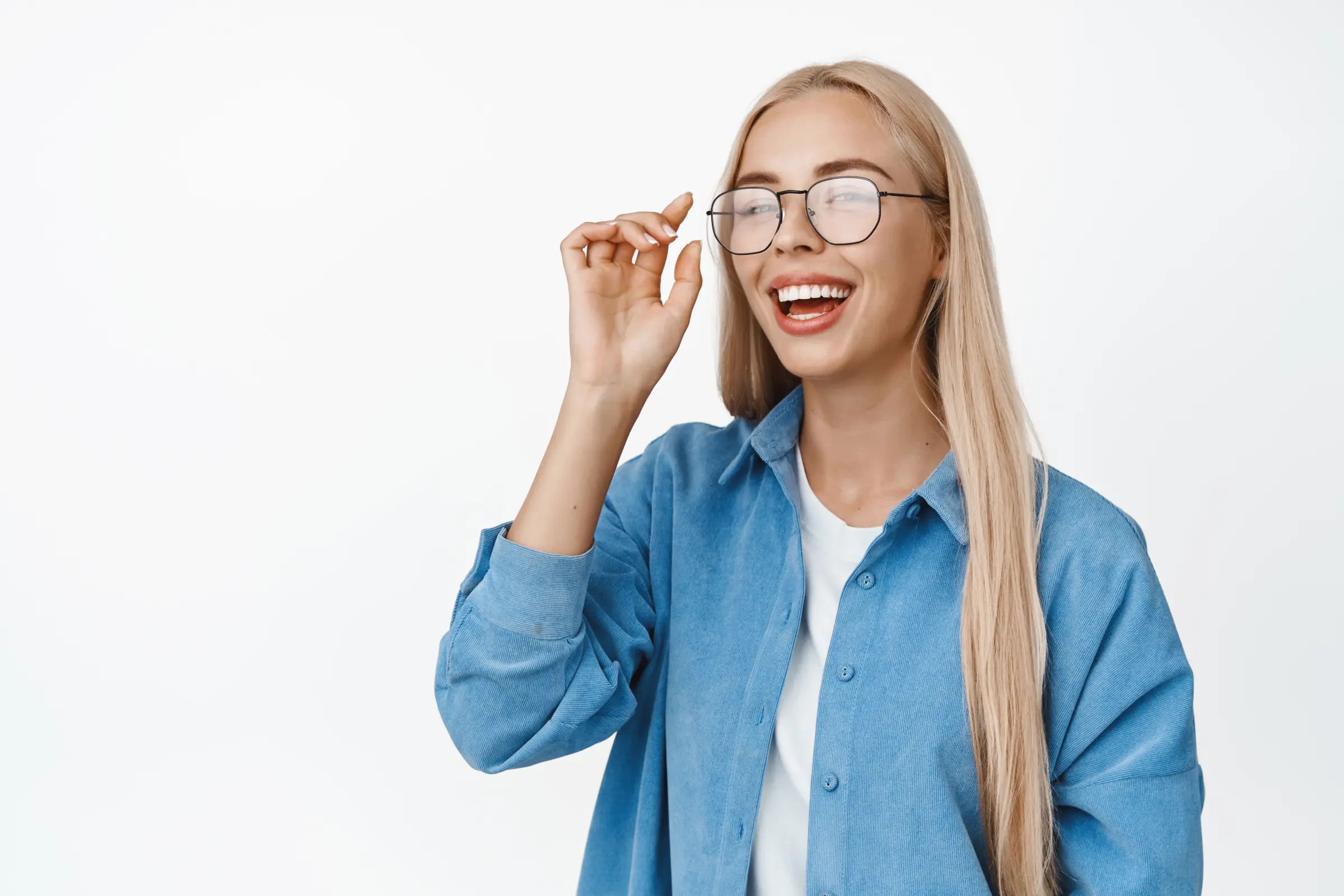 carefree-blond-girl-laughing-smiling-looking-happy-put-glasses-standing-casual-outfit-white carefree-blond-girl-laughing-smiling-looking-happy-put-glasses-standing-casual-outfit-white