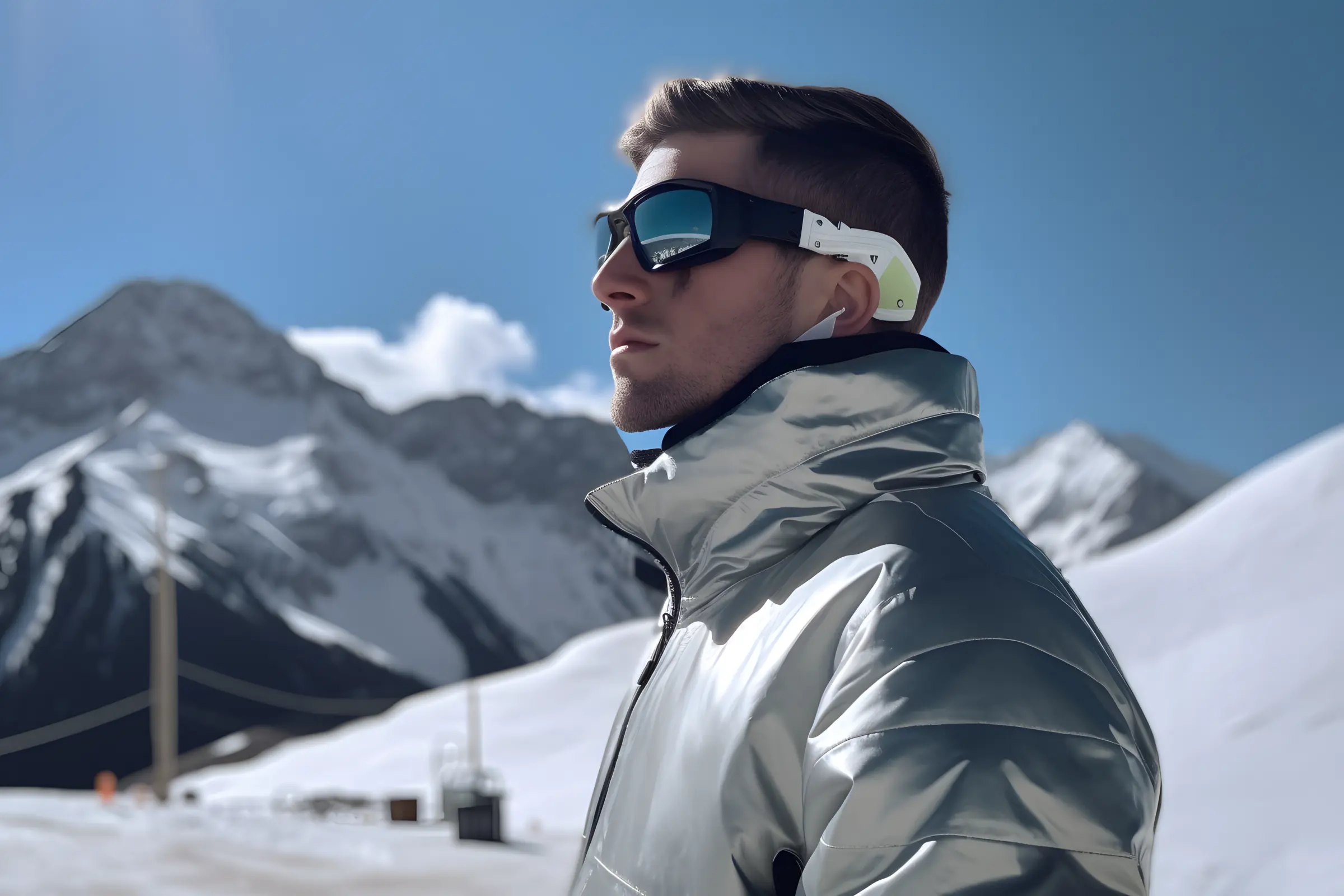 Wintersportler mit Sportbrille Wintersportler mit Sportbrille in den Bergen – Sportbrille für optimalen Augenschutz beim Skifahren und Snowboarden.