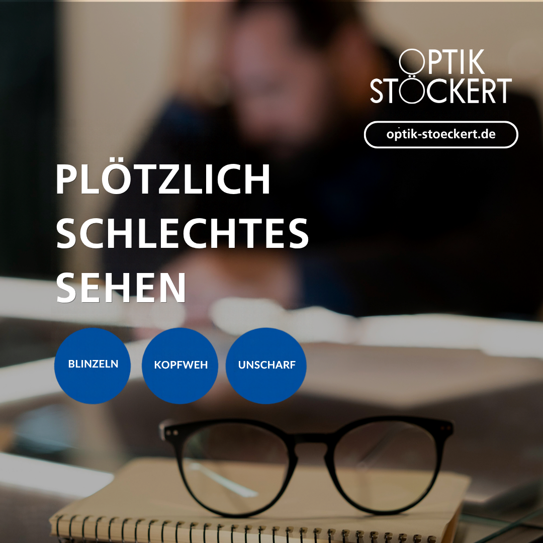 Plötzlich schlechtes Sehen: Verschwommene Sicht, häufiges Blinzeln und Kopfschmerzen als mögliche Symptome. Eine Brille liegt vor einem unscharfen Hintergrund.